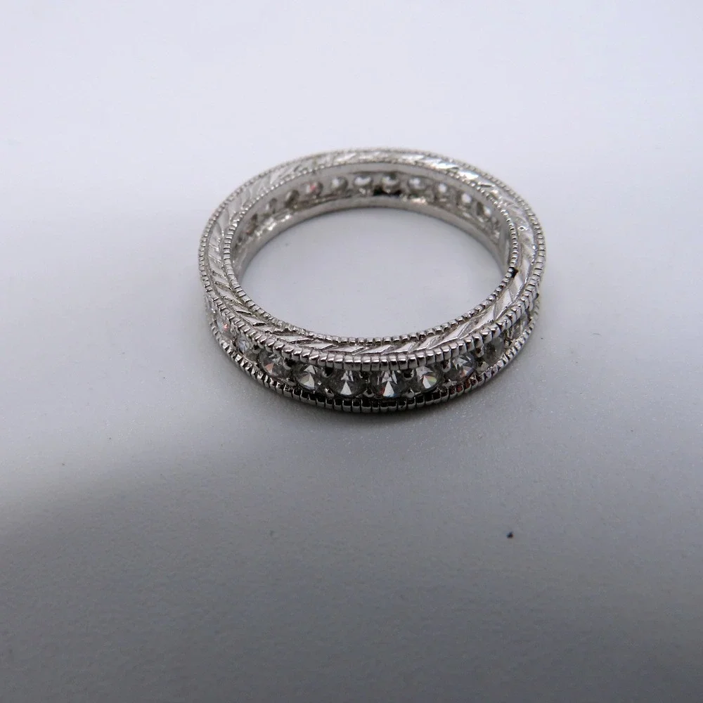 Silver Tone Eternity Band Ring Milgrain Clear Stone Size 6.5